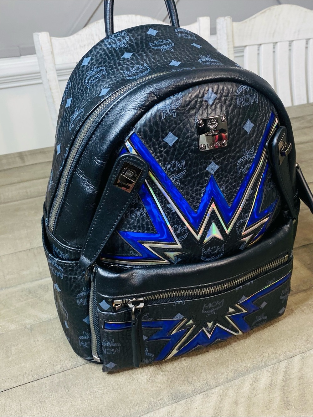 MCM Black Visetos Dual Stark Cyber Flash Backpack Blue Geometric - Picture 8 of 14